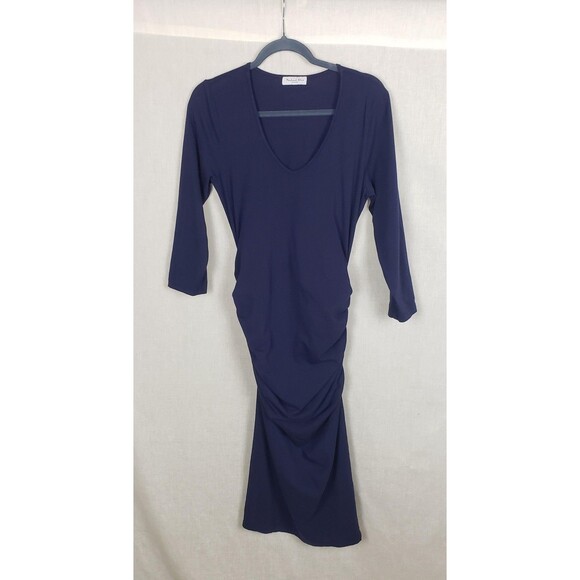 Michael Stars Dress M Navy Blue Ruched Midi USA 100% Cotton Casual Work Sexy - Picture 1 of 4